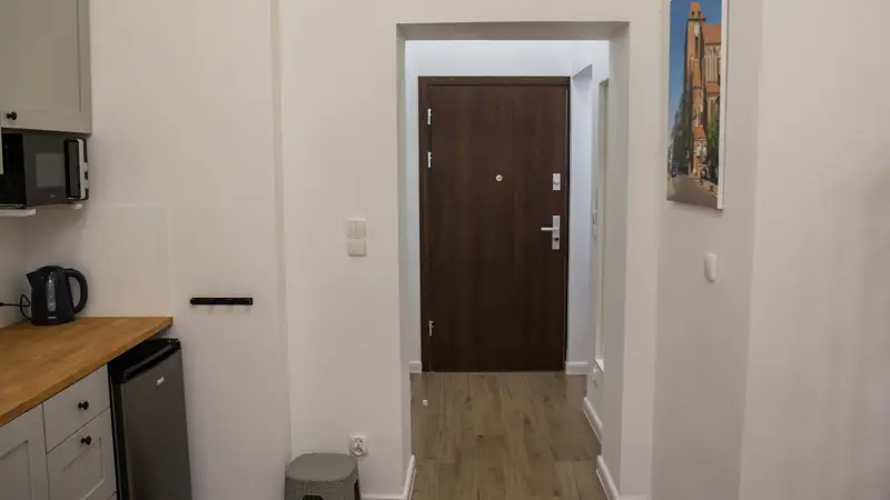 Korytarz z wejściem, białe ściany i ciemne drzwi.