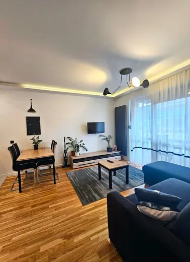 Współczesny salon z ciemną kanapą, roślinami i jasnym oknem.