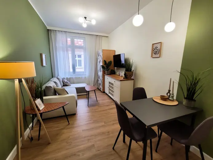 Salon z sofą, oknem i roślinami, widok na jadalnię