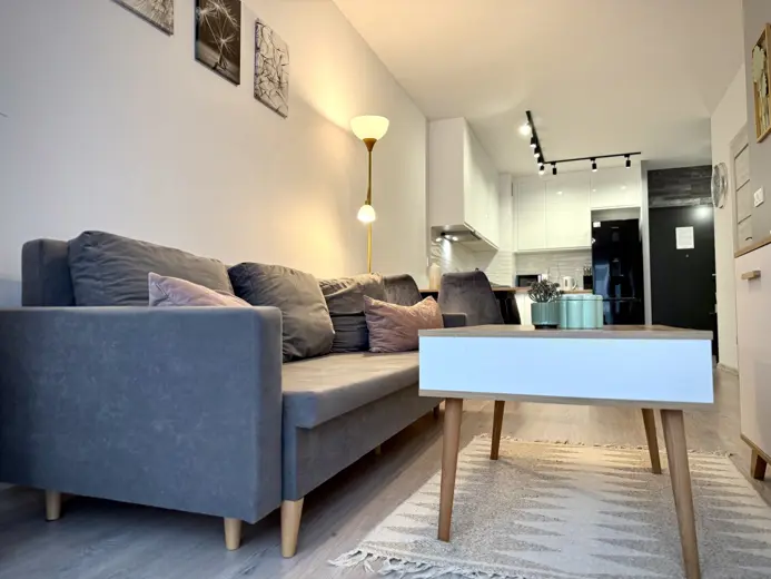 Sofa szara, lampka stojąca i drewniany stolik kawowy.