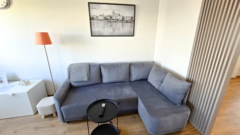 Salon z sofą, stolikiem i dekoracją ścienną.