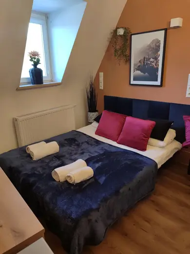 Sypialnia z łóżkiem, poduszkami w kolorze różu i rośliną