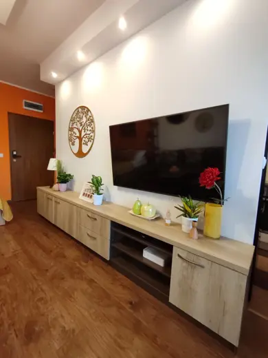 Salon z sofą, telewizorem i dekoracyjną konsolą.
