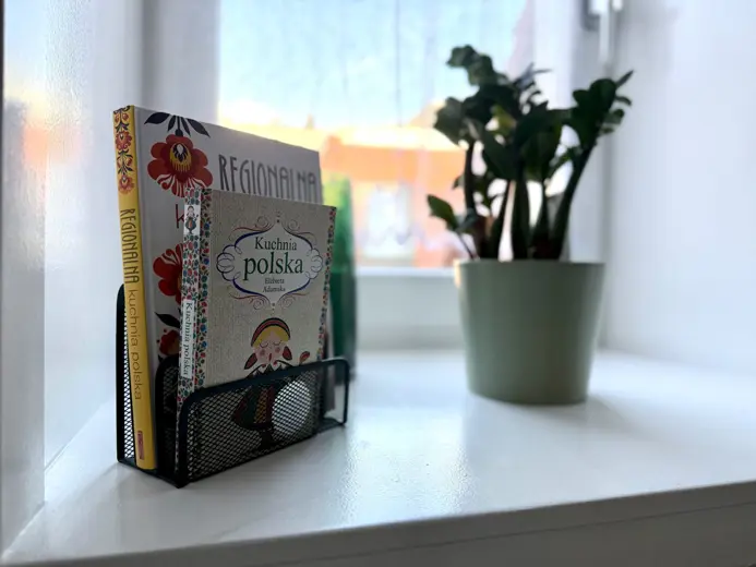 Stojak z książkami przy parapecie i rośliną.