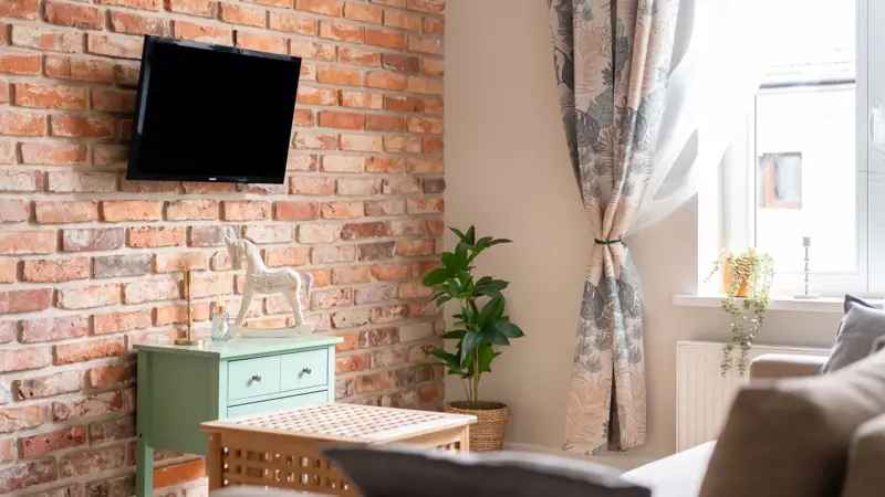 Salon z ceglastą ścianą, telewizorem i roślinną ozdobą