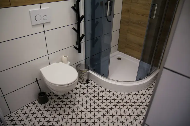 Łazienka z białą ceramiką, toaleta i prysznic w rogu